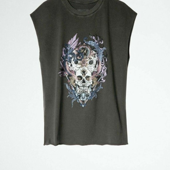 Zadig & Voltaire Weny Compo Skull Strass Tank Top Beaded Carbon S New - Picture 5 of 10